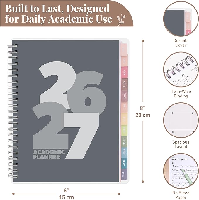Rileys Academic Planner 2026-2027, Daily, Weekly & Monthly Planner, July 2026 - June 2027, Student Notes Pages, Twin-Wire Binding, Weekly Agenda for School & Work (8 x 6-Inches, Chunky, Black)