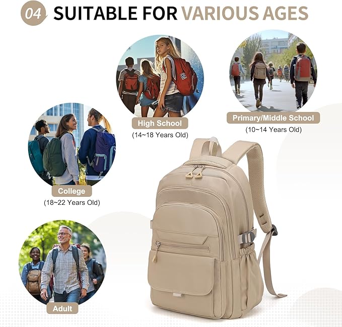 Aesthetic Daypack Backpack, Water-Resistant 15.6" Laptop Backpack for Women and Men, Featuring Touch-Fastener and Anti-Theft Pockets (Khaki)