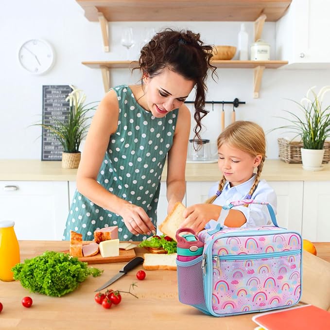 Bagseri Kids Lunch Bag Girls - Thermal Insulated Lunch Box Tote with Water Bottle Holder, Reusable Leak-Proof Kids Lunch Box for Daycare & School, Pink Rainbow (Containers Not Included)