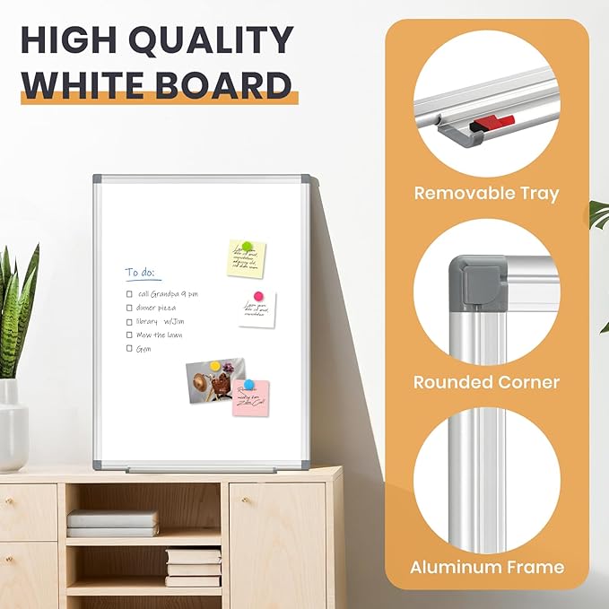 Double-Sided Magnetic White Board, 24"x 18" Dry Erase Board for Wall Mounted & Hanging with Aluminum Frame, Whiteboard for School, Office and Home