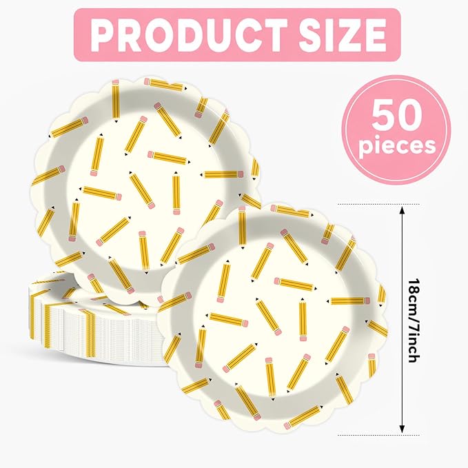 50PCS Back to School Pencil Paper Plates First Day of School Season Theme Party Decor Disposable Pencil Paper Dessert Plates Tableware Set for Graduation Kindergarten Gathering Birthday Party Supplies