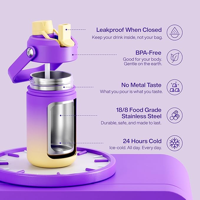 Kids Insulated Water Bottle with Straw - 12oz Stainless Steel Water Bottle with Dual Spouts, Leak-Proof, BPA-Free, Double Wall Vacuum Keeps Cold for 24 Hours for Sports, Travel, School (Peach Dream)