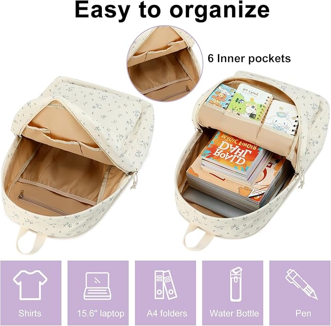 BTOOP School Backpack for Teens Large Corduroy Bookbag Lightweight 15.6 inch Laptop Bag for Girls Women Casual High School College