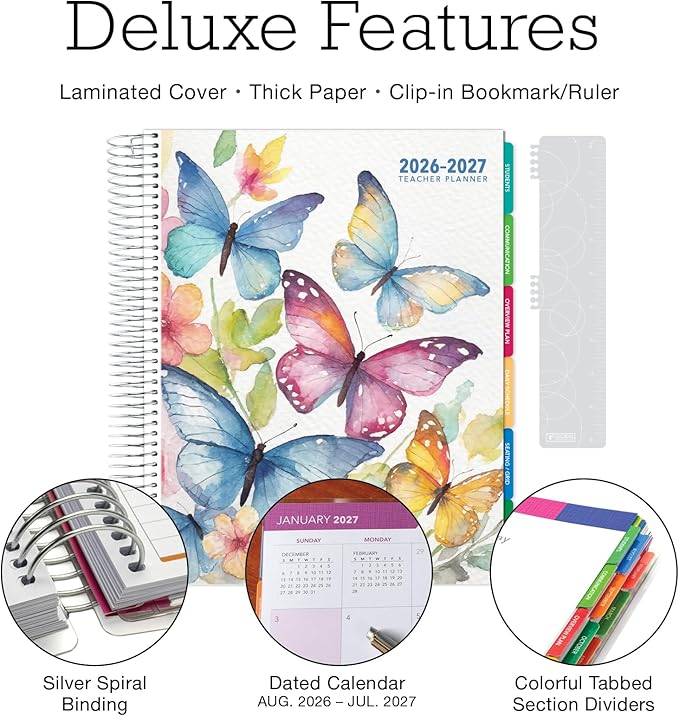 DELUXE TEACHER PLANNER Aug 2026-Jul 2027 8.5x11 Daily Weekly Monthly Organizers with 7 Periods, Pocket Folder, Dated Calendar, Page Tabs, Bookmark and Planning Stickers (Watercolor Butterflies)