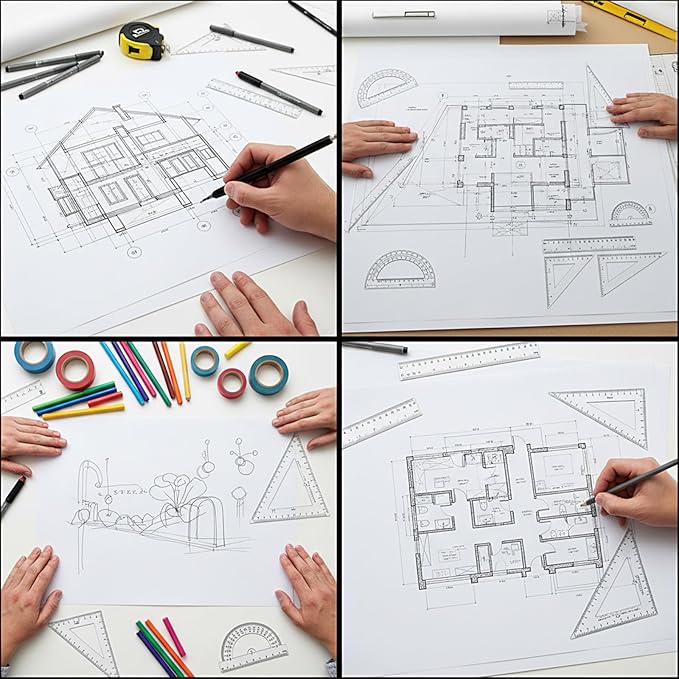 6 Pcs Geometry Set Transparent Plastic Clear Ruler Drafting Kit Includes Protractor Straight Ruler Triangle Rulers Clear Measuring Tools for Office Home Supplie