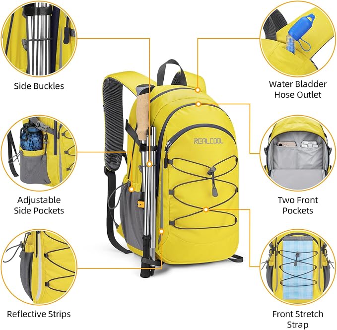 RealCool 30L Lightweight Hiking Backpack, Waterproof Daypack for Camping | 210D tear-resistant nylon, breathable shoulder and back panel, Multi-Compartment,hydration system,reflective strip,bungee net