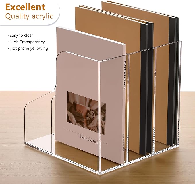 SANRUI Acrylic File Organizer, Clear Magazine File Holder with 3 Vertical Compartments, Desk Organizer for Home School Office Organization, Desk Bookshelf