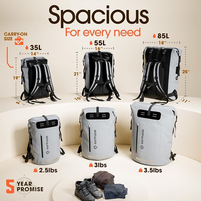 Waterproof Dry Bag Backpack 55L - Kayaking Boating Fishing Rafting Marine | Gray 55L dry bag: 500D PVC, abrasion resistant build, IPX8 phone case for river and lake trips