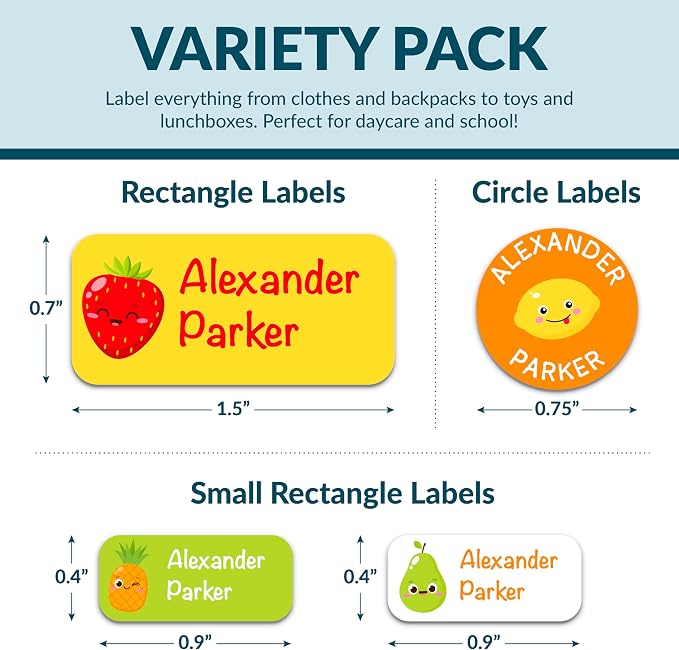 Personalized Waterproof Name Labels for Kids | Optional Packs 50, 150, 230 Labels | Custom Name Stickers for Kids' Clothing Tag, Water Bottle, Lunch Box, Customize Kid Name Label for Daycare Fruits