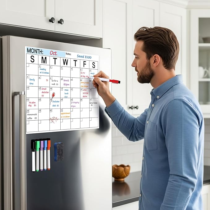 Dry Erase Magnetic Calendar for Refrigerator - Monthly Planner Magnet Whiteboard for Fridge Wall Door - Shopping, Meal/Menu, to Do List, Family Schedule Planning Board with 6 Markers - Black