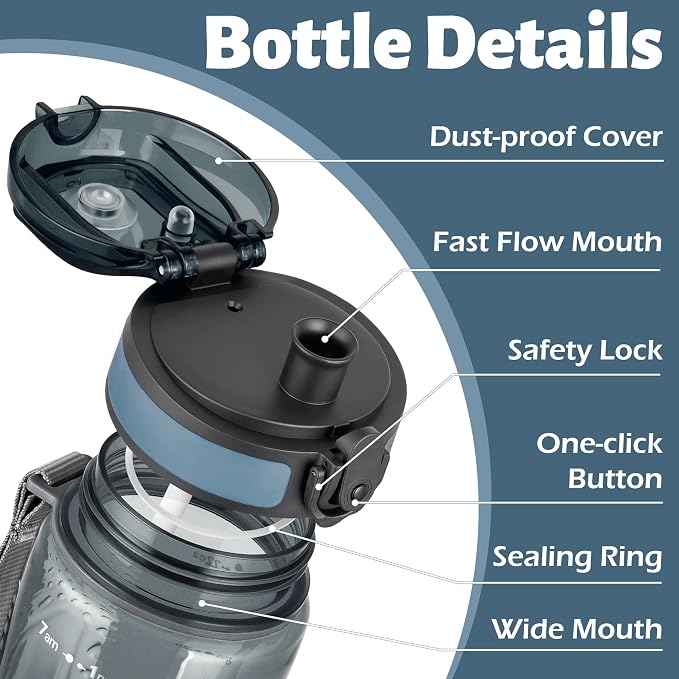 OLDLEY 25 oz Water Bottle, Motivational Water Bottle with Time Marker, Sports Water Bottle With Strap, Leakproof & BPA Free Large Water Bottles for School, Gym, Travel, Outdoor, Dark Blue