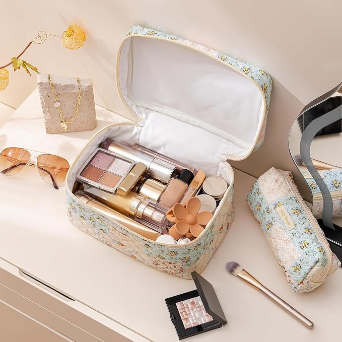 HBselect Quilted Makeup Bag, 3Pcs Cotton Large Travel Makeup Bags Organizer | Cute Floral Make up Bag Cosmetic Bag Toiletry Bag for Women Girls, Makeup Pouch for Skincare, Brushes & Travel Essentials