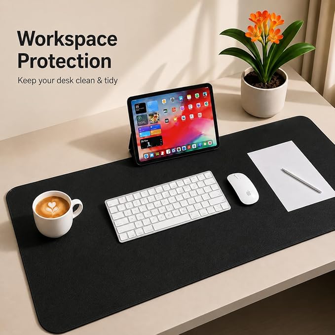 AFIING Leather Desk Pad Protector, Large Mouse Pad, Dual-Sided PU Leather & Natural Cork Desk Mat, Non-Slip Waterproof Laptop Desk Blotter for Office and Home, 23.6" x 13.7", Black