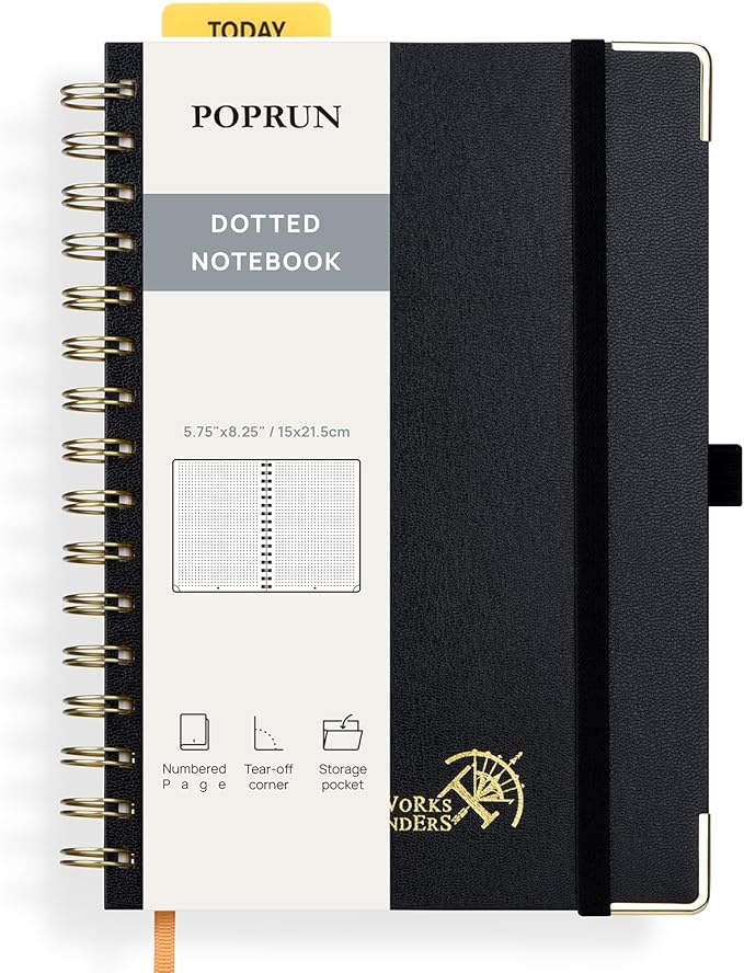 POPRUN Dotted Journal Spiral Notebook, A5 Hardcover Bullet Journals for Women Men, 120 GSM Thick Paper, 141 Pages Dot Grid Notebooks for Journaling, Drawing, Writing, 5.75'' x 8.25'', Black
