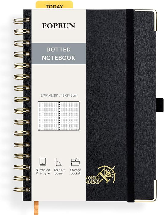 POPRUN Dotted Journal Spiral Notebook, A5 Hardcover Bullet Journals for Women Men, 120 GSM Thick Paper, 141 Pages Dot Grid Notebooks for Journaling, Drawing, Writing, 5.75'' x 8.25'', Black