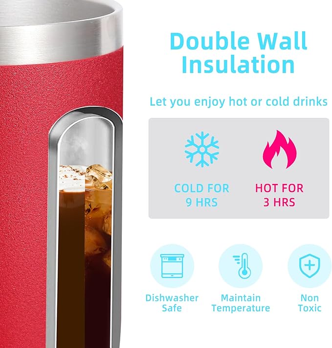 Volhoply 14oz Insulated Stainless Steel Coffee Mug with Lid Bulk 8 Pack,Double Wall Vacuum Travel Coffee Cup with Handle,Reusable Metal Cups Tumbler,Camping Mugs Keep Hot,Ideal Gifts(Red,8)