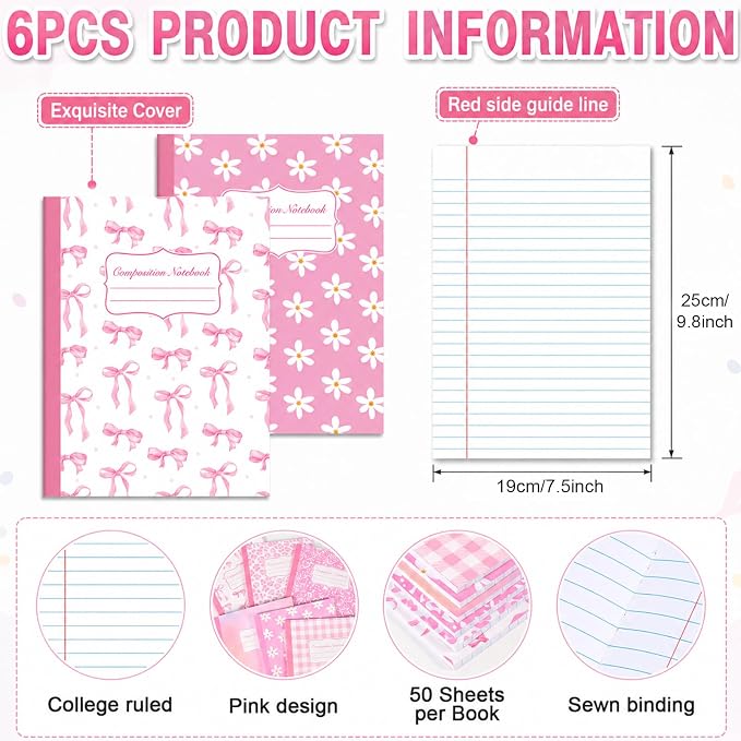 6 Pack Large Composition Notebooks Bulk 9.8 × 7.5 in Wide Ruled Hard Cover Composition Book Assorted Marble Journal College Ruled Paper for Adult Student College Office Back to School Supplies(Pink)