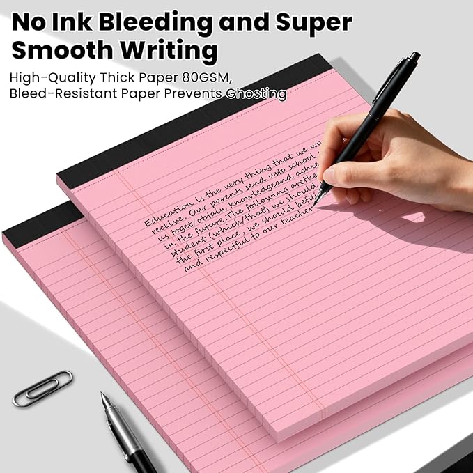 2pcs Legal Pads 8.5 x 11,Notepads 8.5 x 11 Inch, 30 Sheets/Pack, Pink Note Pads Clear Print Writing Pads of Paper, Perforate Wide Ruled Lined with Sturdy Back for Office, Business & School Supplies