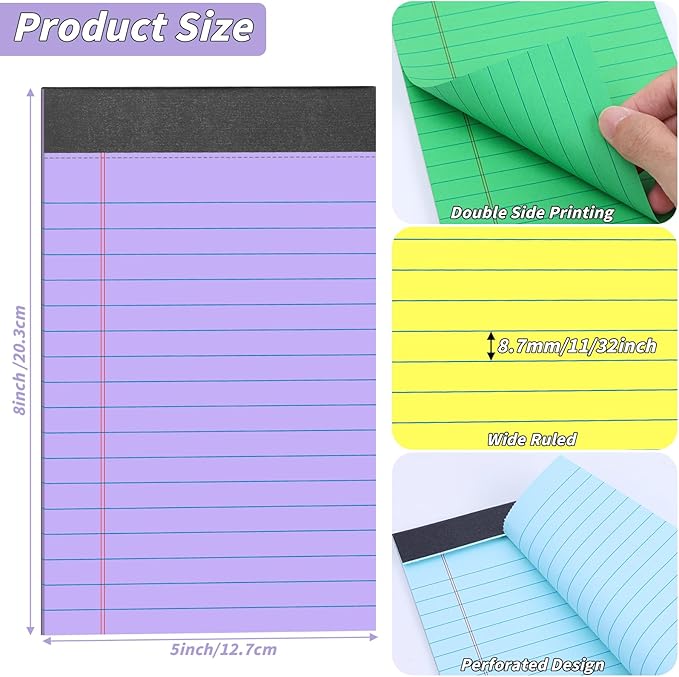 Oleitodh 36 Pack Legal Pads Bulk 12 Colors, Wide Ruled Notepad 5x8, Multicolor Small Notepads 30 Sheet/notepad, Colored Mini Writing Pads with Sturdy Backboard, Perforated Lined Note Pads for Study