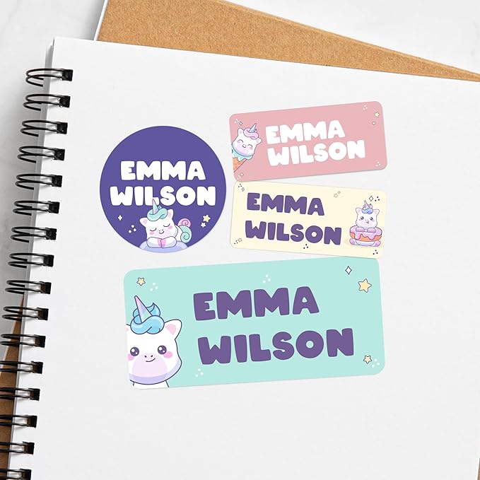 EGD Personalized Name Tag Stickers for Kids (130+ Pack) | Unicorn Waterproof Labels for School Supplies, Bottles & Lunch Boxes | Custom Vinyl Name Labels for Clothing, Toys & More (H. UNICORS)