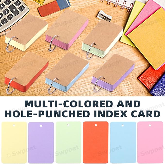 Swpeet 600 Sheets 2.1 x 3.5 Inch Colored Index Cards with Binding Rings, Notecards Index Cards, 6 Colors Easy Flip Flash Card Blank for School Learning Memory Recipe Cards Game Card