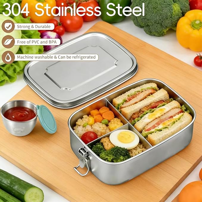 Stainless Steel Bento Box 40oz with 3 Compartments, Stainless Steel Lunch Box 1200ml, Metal Lunch Containers with Sealing Lockable Clips, Snack Containers for Adults Travel Work Dishwasher Safe