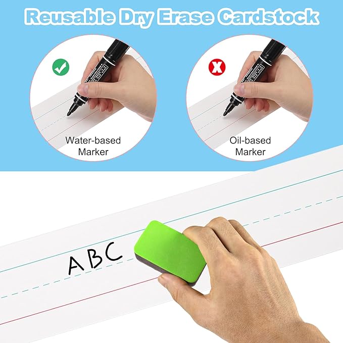 PATIKIL 50 Sheets Dry Erase Sentence Strips, 2" x 12" Reusable Cardstock Blue Red Lined Writing Paper Ruled Sentence Strips for Teachers Classroom Schedule