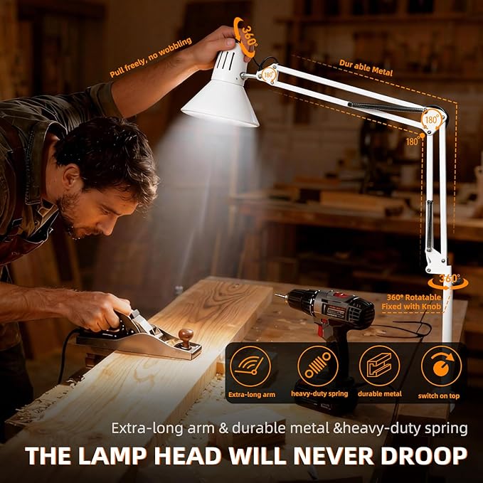 LED Desk Lamp Dimmable with Clamp, Eye-Caring Clip on Lights for Home Office, 3 Adjustable Color Temperature,Extra Tall Metal Swing Arm, High Intensity Clamp w/A19 E26 Bulb for Working Reading