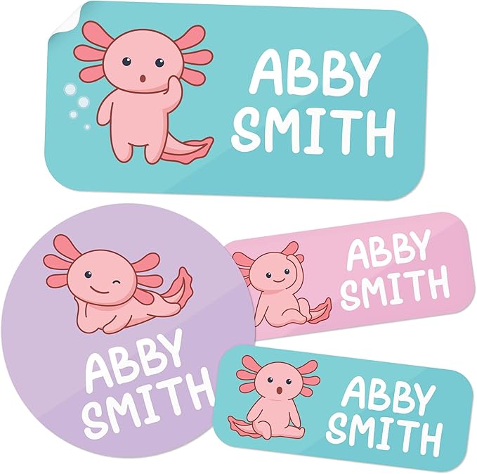 Personalized Daycare Name Labels for Kids, (130 Pack) Waterproof Custom Name Stickers for Clothing Tags, Lunch Boxes and School Supplies, Made in USA by MSC -Axolotl