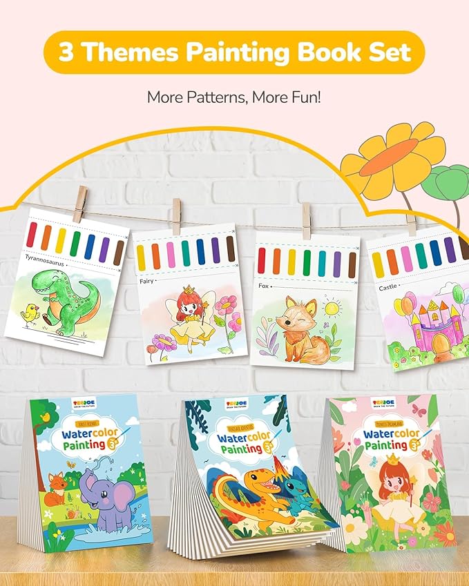 TECJOE 3 Pack Paint with Water Coloring Books for Toddlers, Mess Free Watercolor Painting Set with 6 Brushes, Travel Art Craft Toys Birthday Gifts for Kids Ages 3-8, Princess, Dinosaur & Forest