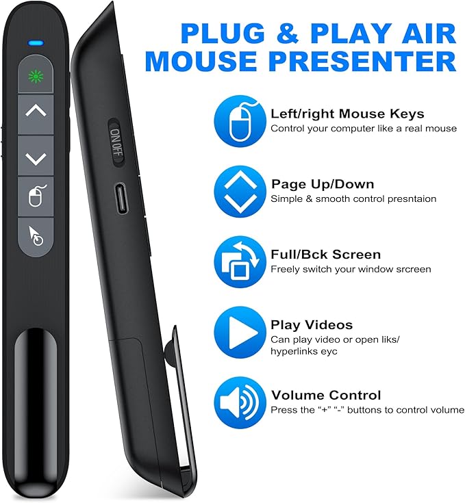 USB Type C Wireless Rechargeable Presenter Remote with Air Mouse, Green Light, Volume Control, Presentation Clicker PPT Pointer 2.4GZ PowerPoint Clicker Slide Advancer for Window Mac Keynote Google