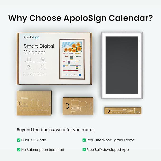 Apolosign 15.6-inch Digital Calendar : Dual Mode Smart Wall Planner, No Subscription, Install Apps, Sync Calendars, Electronic Touchscreen Interactive Display for Family Schedules, Chore Chart - with Stand (Gray Wood)