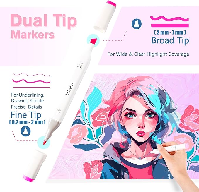 Brillcolors 262 Colors Alcohol Markers Set with Base Dual Tip Drawing Markers for Comics Coloring Sketching Illustration (262 White) -Refillable