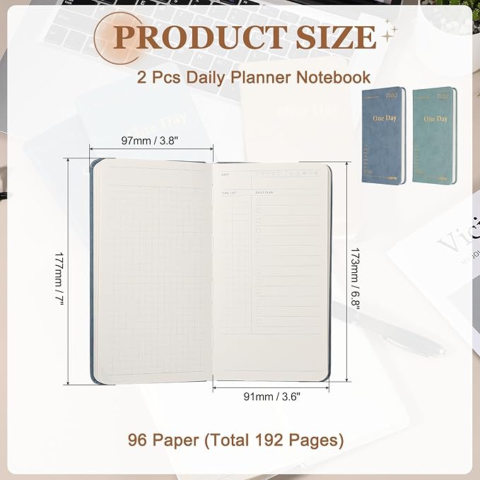 PATIKIL 2Pcs Planner Notebook, 7 x 3.8" 96 Sheets Undated Daily Planner Pocket to Do List Daily Weekly Goals Notebook for Office Home Study Work Time Management Habit Tracker, Blue, Green