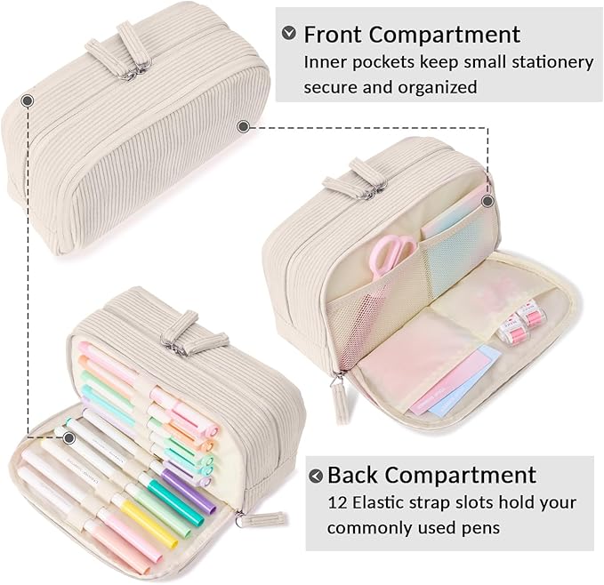 Sooez Big Capacity Pencil Case Pen Pouch, Soft Corduroy Pencil Bag with 3 Compartment, Multiple Pockets, Sturdy Zipper, Cute School Supplies Pen Bag Organizer For Teen Girls College, Beige