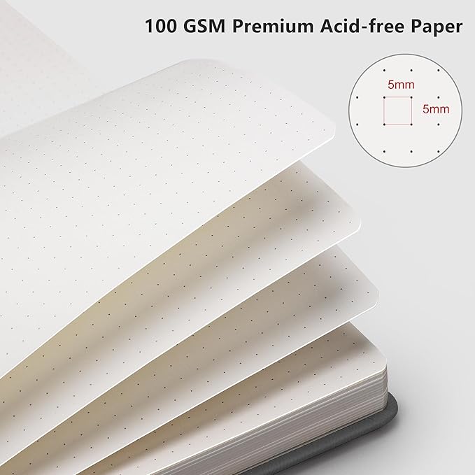 RETTACY Dotted Journal Notebook, 192 Pages, A5 Medium Size (5.7'' x 8.3''), Leather Hardcover, 100 GSM Thick Paper, for Journaling, Planning, Tracking (Gray)