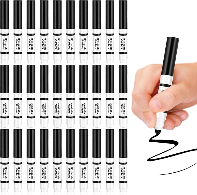 30 Pcs Mini Washable Markers Bulk Broad Line Conical Tip Washable Mark Pen Set Short Coloring Paint Pen for Kid Art Projects Teacher Student Toddler Party Favors Classroom, Ages 6+(Black)