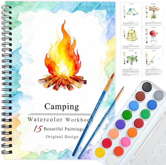 SLWBZ Watercolor Workbooks Coloring Book, Beginner Friendly Painting Kit, Detailed Steps, Creative Exploration Watercolor Book with Paint Set for Adults Teens (Camping, with Paint)