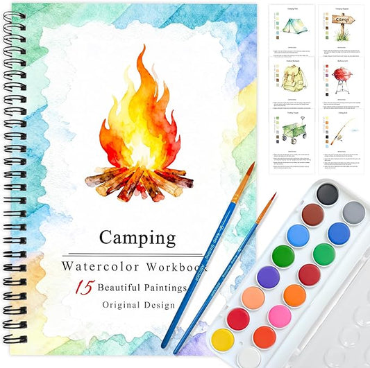 SLWBZ Watercolor Workbooks Coloring Book, Beginner Friendly Painting Kit, Detailed Steps, Creative Exploration Watercolor Book with Paint Set for Adults Teens (Camping, with Paint)