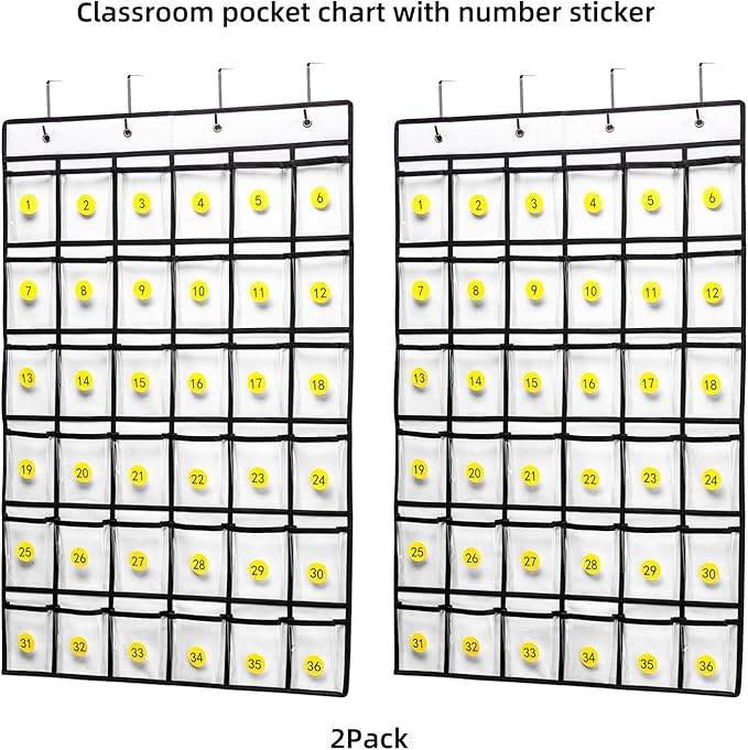 SAVERHO 2 Pack 36 Pockets Classroom Pocket Chart for Cell Phone Calculator Holder,Clear Pocket Chart Organizer for Classroom Cellphone Storage with 36 Number Sticker Size:38.5x25.7 Inch (White-2pack)