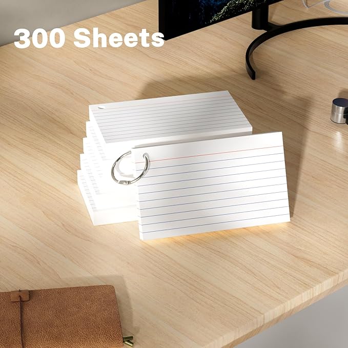 300 Count Index Cards with Ring, 3x5 Inch, 6-Pack of White Ruled Pads, 50 Sheets per Pad, Study & Flash Card School Supplies for Students & Professionals