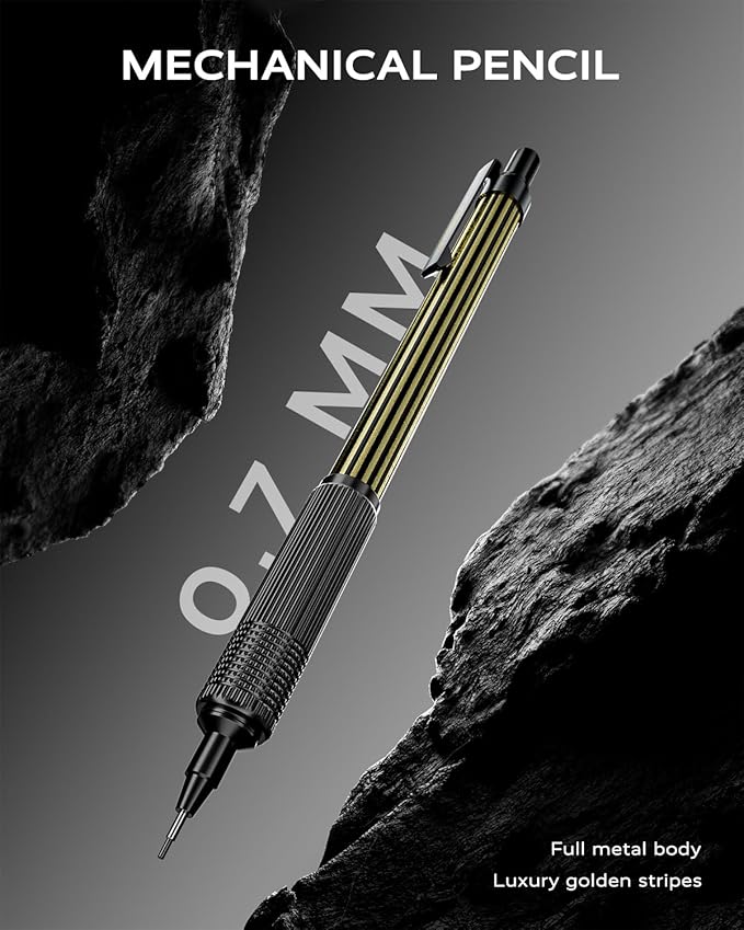 STAGEEK 0.7mm Mechanical Pencil with Metal Gift Case, 1PCS Metal Mechanical Pencil with 120Pcs HB Lead Refills,4B Erasers and 9PCS Eraser Refills, for Writing Drafting Drawing and Sketching(Gold)
