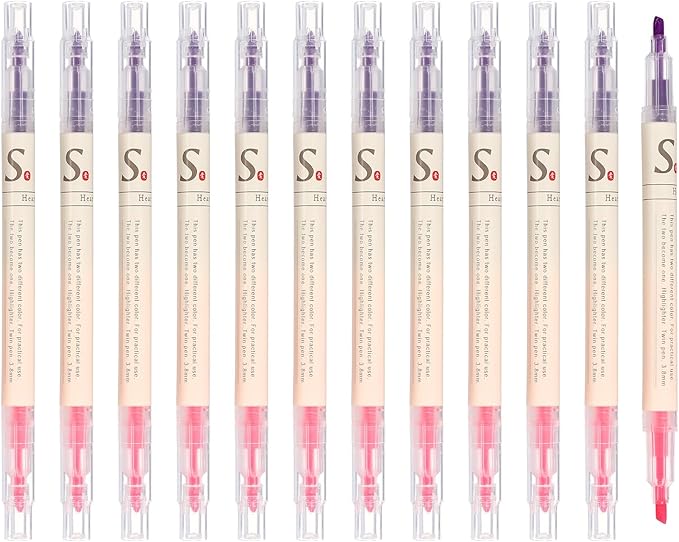PATIKIL Dual Tip Highlighters, 12 Pack Double Sided Colored Highlighter 2 Colored No Bleeds Broad Tips Marker Pens Studying Supplies for Books Office Home, Pink/Light Purple
