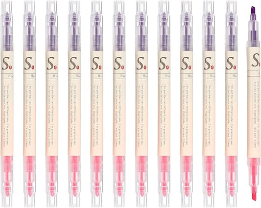 PATIKIL Dual Tip Highlighters, 12 Pack Double Sided Colored Highlighter 2 Colored No Bleeds Broad Tips Marker Pens Studying Supplies for Books Office Home, Pink/Light Purple