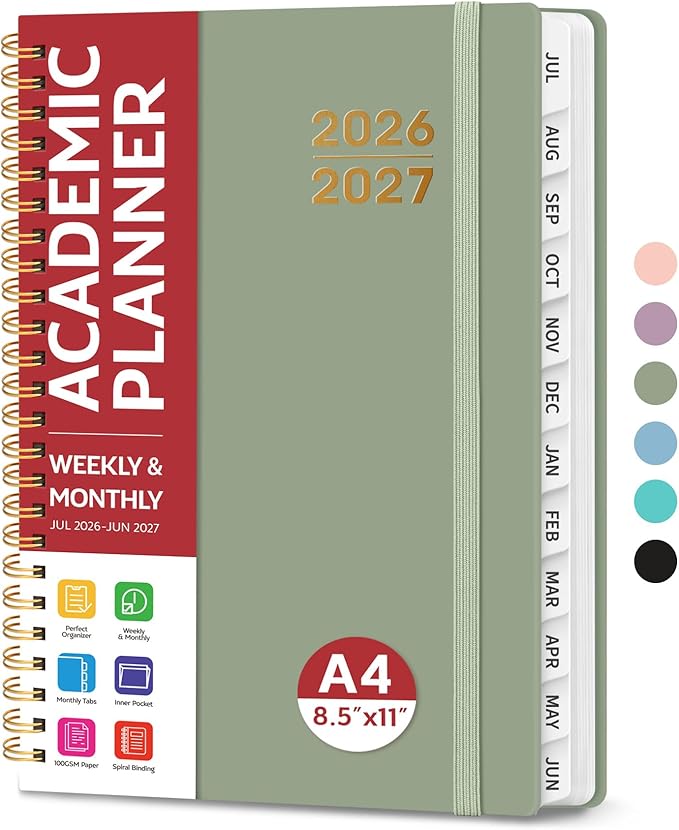 Planner 2026-2027 for Women & Men, Academic Monthly and Weekly Calendar Planner, Jul 2026 - Jun 2027, A4 (8.5" x 11"), Teacher Student Planning Book with Tabs, Ideal for Office School Supplies - Green