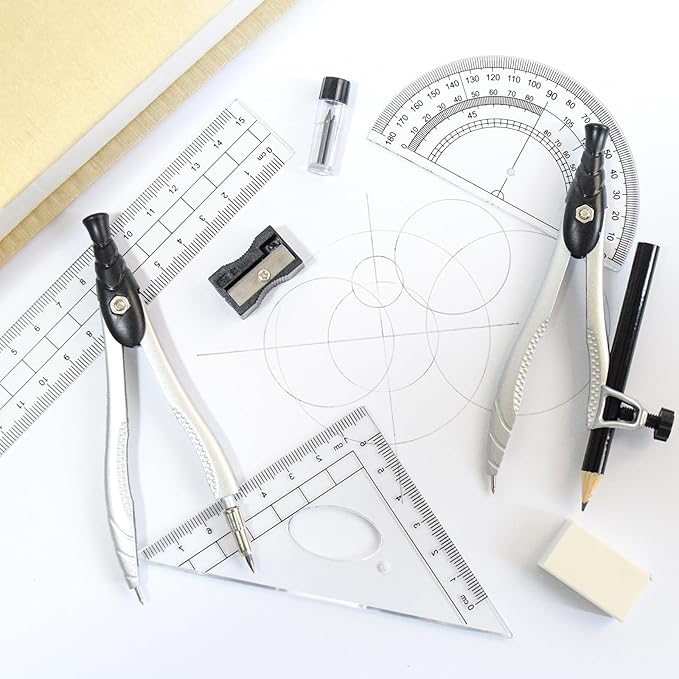 SAYEEC Geometry Set, 10 Pcs Math Protractor Compasses Kit with Ruler, Triangles, Eraser, Sharpener, Lead Refills, Pencil, Storage Box, Drafting Drawing Tools for Architects Engineers Artists