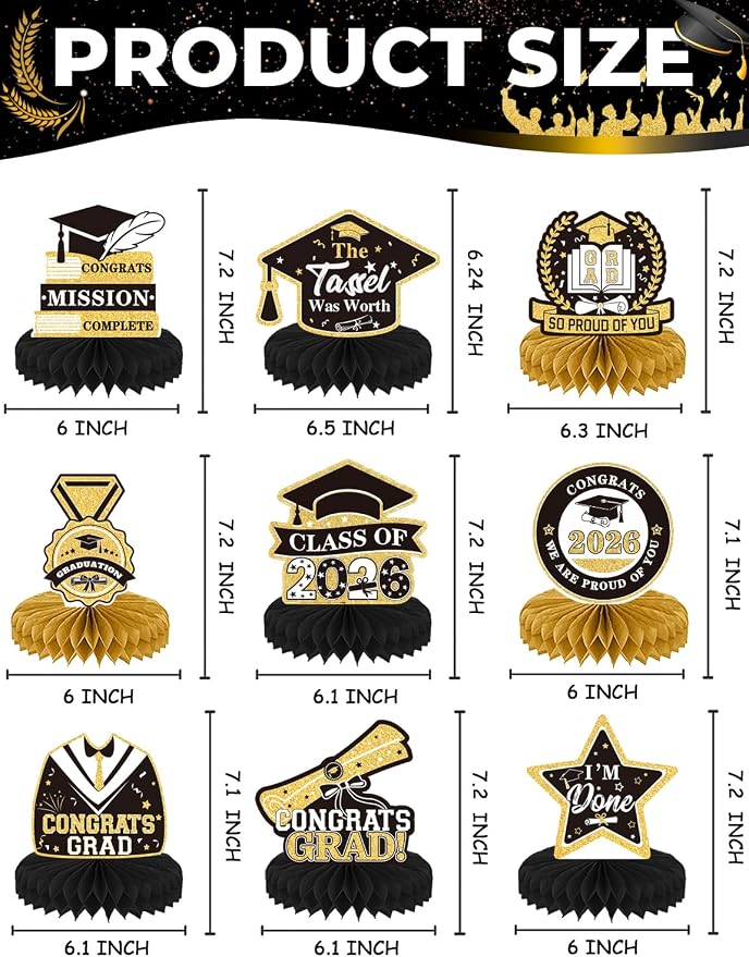 9Pcs Graduation Centerpieces for Tables 2026 - Graduation Table Decorations Black and Gold Honeycomb Centerpiece Class of 2026 Congratulate Table Toppers Congrats Grad Party Supplies
