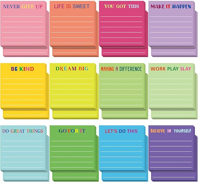 Yinder 12 Pcs Inspirational Sticky Notes Cute Motivational Sticky Notes Pad End of Year Employee Appreciation Gifts Bulk for Teacher Nurse Coworkers Office Supplies 3 x 3'' (Motivational,Dark Color)