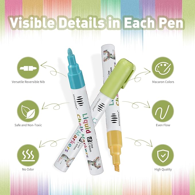 Liquid Chalk Markers with 6mm Reversible Tips 8 Colors Dry & Wet Erase Pens, Pastel Chalk Markers for Blackboard Whiteboard Chalkboard Mirror Glass Window Cars