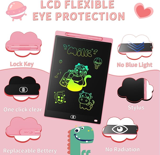 [2 Pack] Genialba LCD Writing Tablet 8.5-Inch Colorful Doodle Board, Toddler Learning Educational Toys Gifts for 3-8 Years Old Girls and Boys, Electronic Drawing Pad for Kids (Pink&Black)